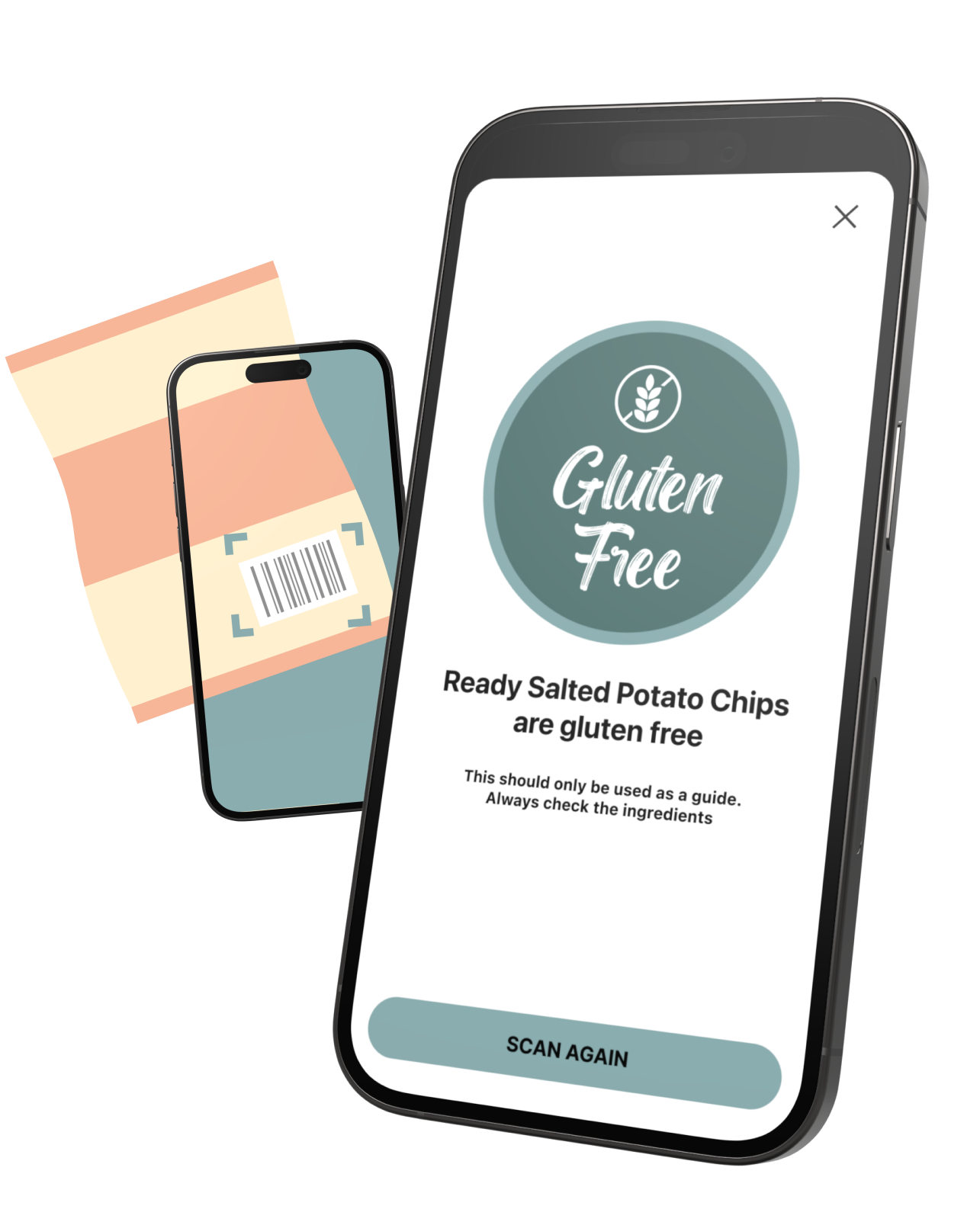 Two iPhones showing the user interface for GLuten Free Scanner app